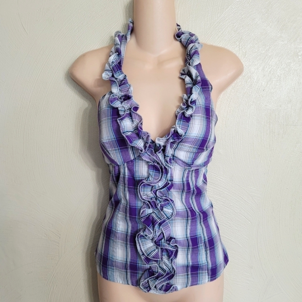 Myth Purple Plaid Ruffled Front Halter Top with Cinched Stretchy Back Size Small